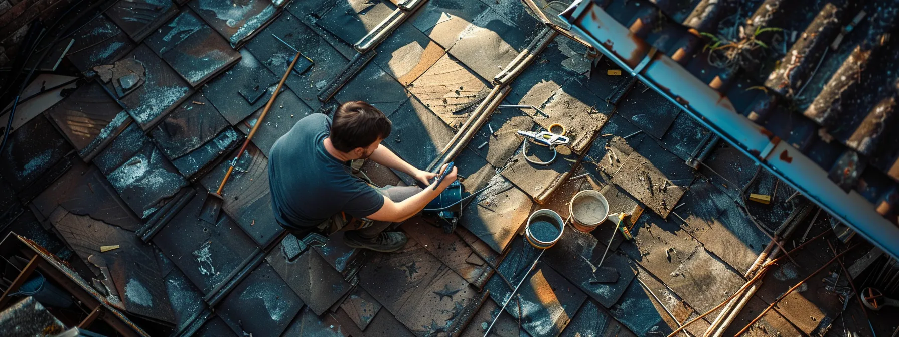 a professional roofer assessing a roof's condition with precision and expertise, surrounded by tools and equipment, preparing for a detailed evaluation and transparent quoting process.