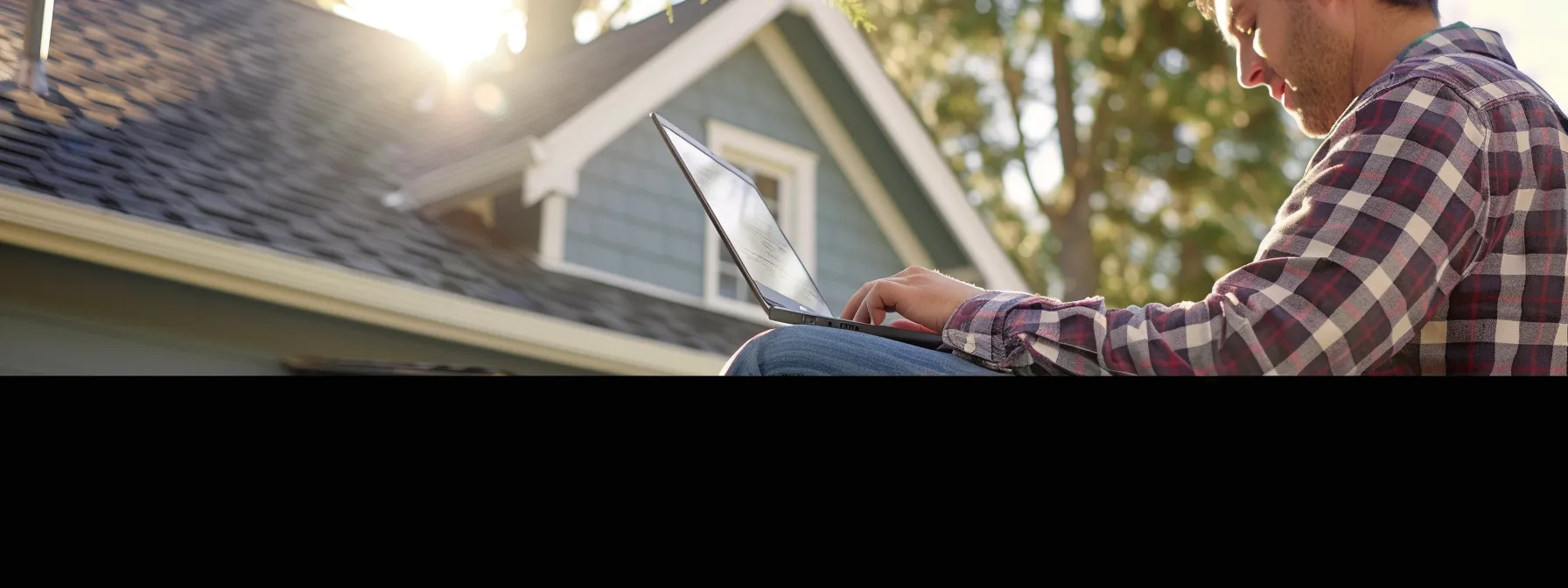 a homeowner filling out an online form on their laptop to request a free roofing estimate from true grit, with a sunny room filled with light highlighting the ease and convenience of the process.