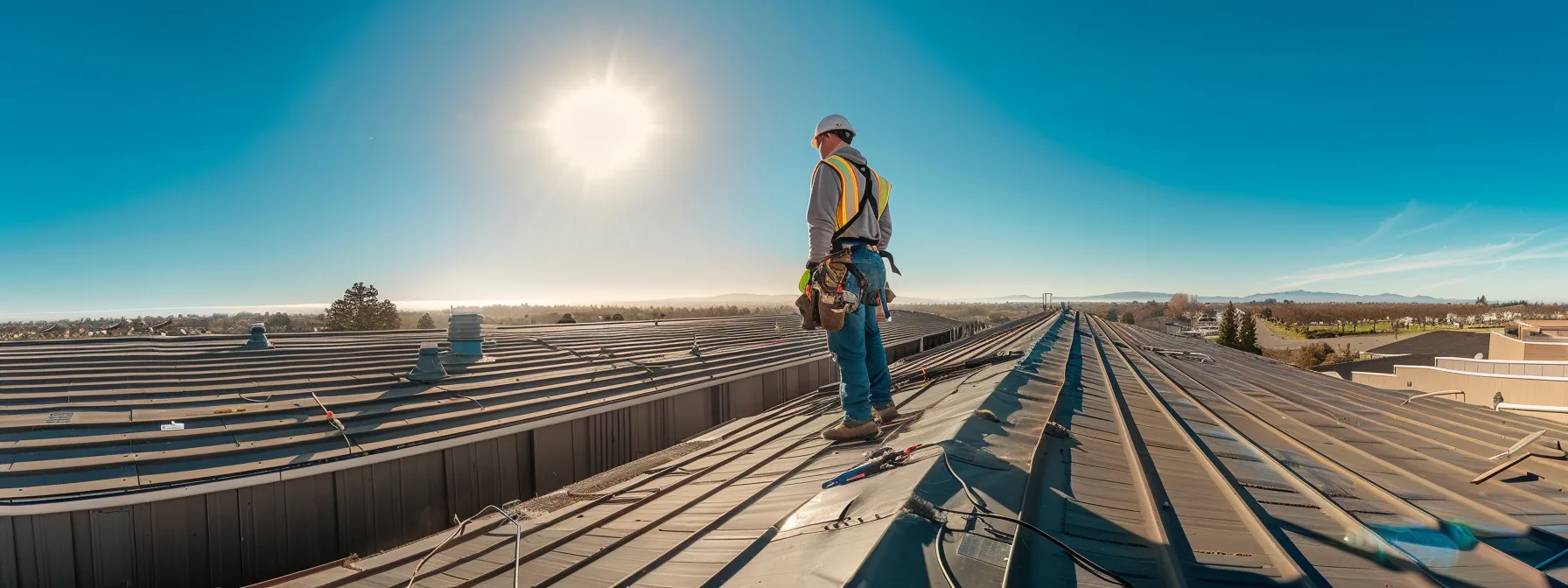 a skilled roofer meticulously inspecting a flat roof under the clear blue sky, showcasing true grit's expertise in roofing services.