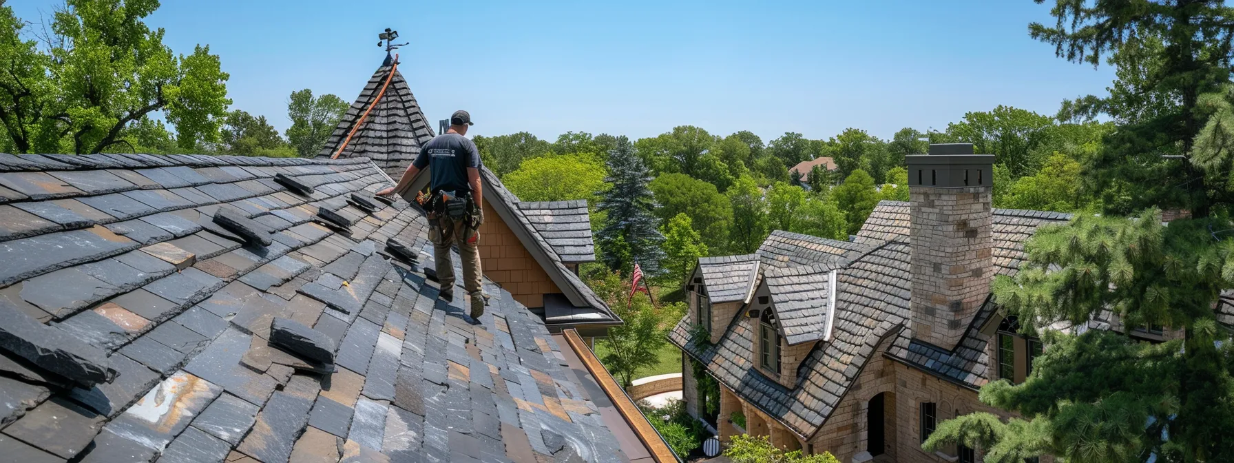 a skilled roofer from true grit meticulously inspecting a slate roof on a sunny day in olathe.