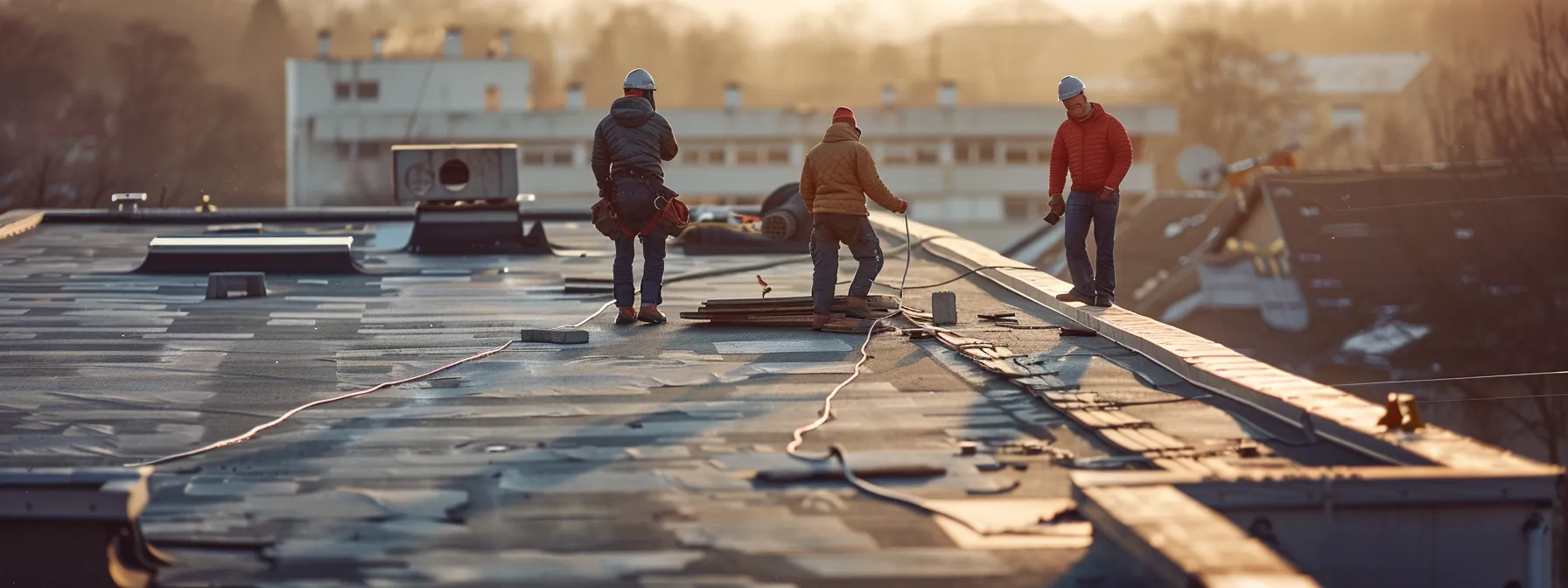 a team of skilled roofers carefully installing high-quality materials on a commercial building's roof.