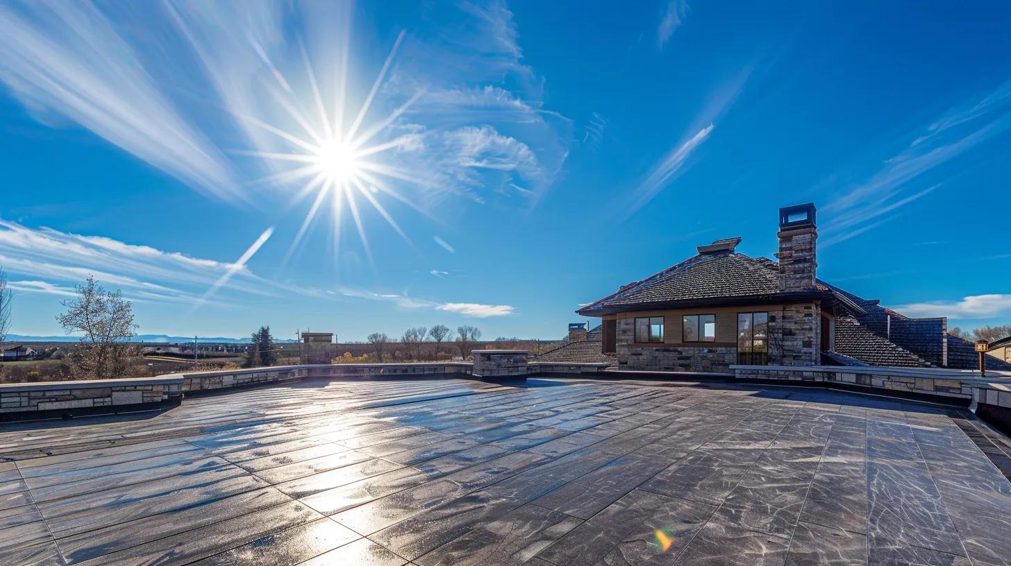 a panoramic view of a robust, newly installed roof glistening under a bright blue sky, symbolizing durability and trust for both residential and commercial properties in overland park.